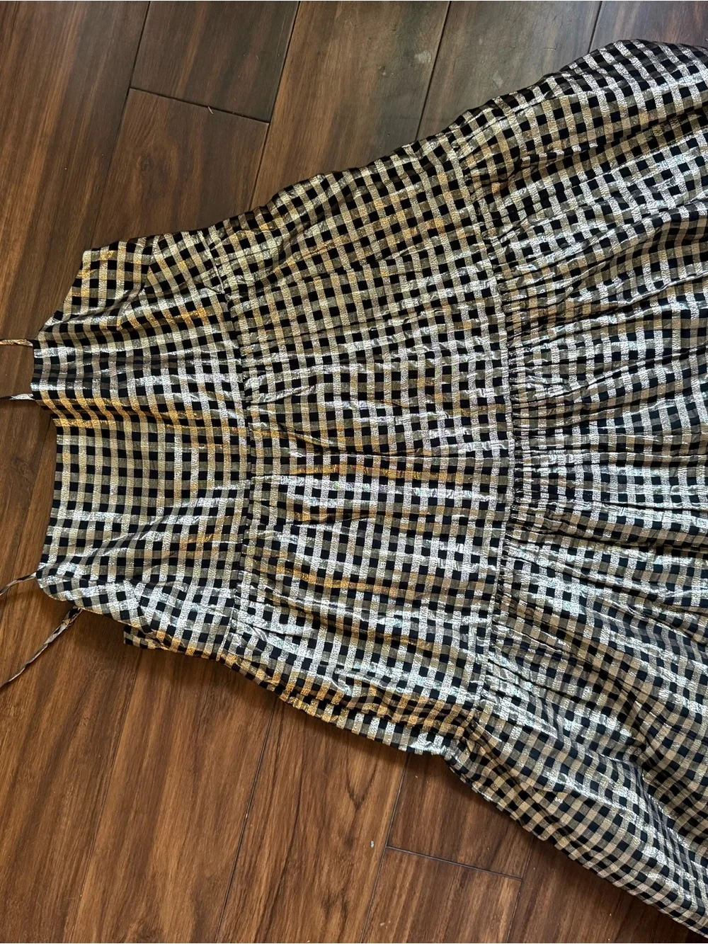 J. Crew Black and Gold Gingham Tiered Midi Dress